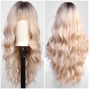 NEW KOME Ombre Blonde Wavy Wig with Bangs, 24 IN